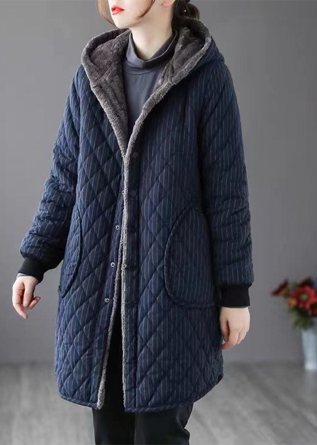 Black Striped Warm Fleece Parka Hooded Winter