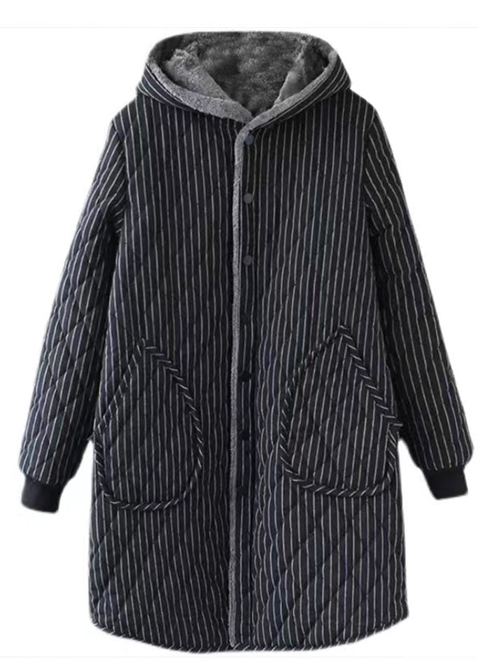 Black Striped Warm Fleece Parka Hooded Winter