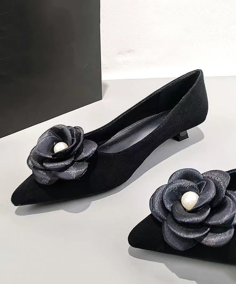 Black Suede Splicing Kitten Shoes Pointed Toe