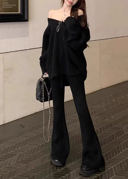 Black Sweaters and Flared Trousers Knit Two Pieces Set V Neck