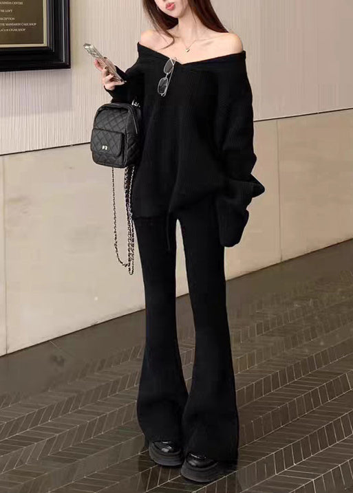 Black Sweaters and Flared Trousers Knit Two Pieces Set V Neck
