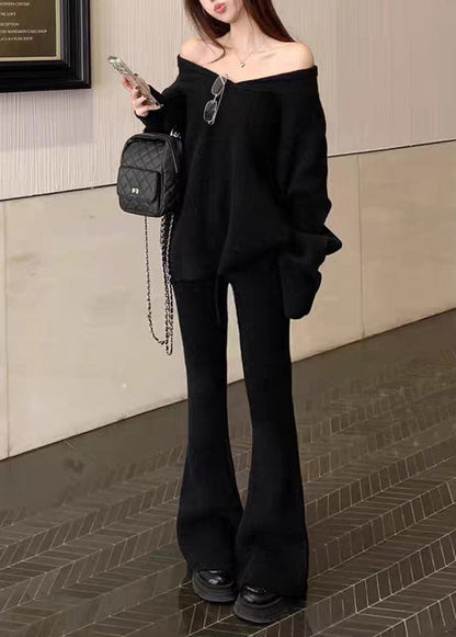 Black Sweaters and Flared Trousers Knit Two Pieces Set V Neck