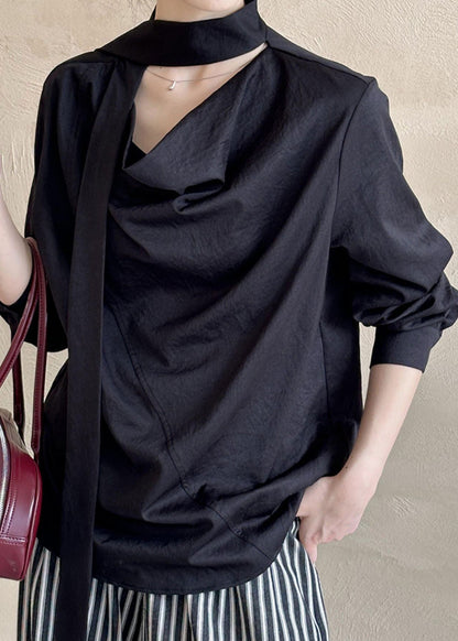 Black T ShirtTops Asymmetrical Long Sleeve