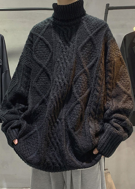 Black Thick Cable Knit Sweaters Turtleneck Winter