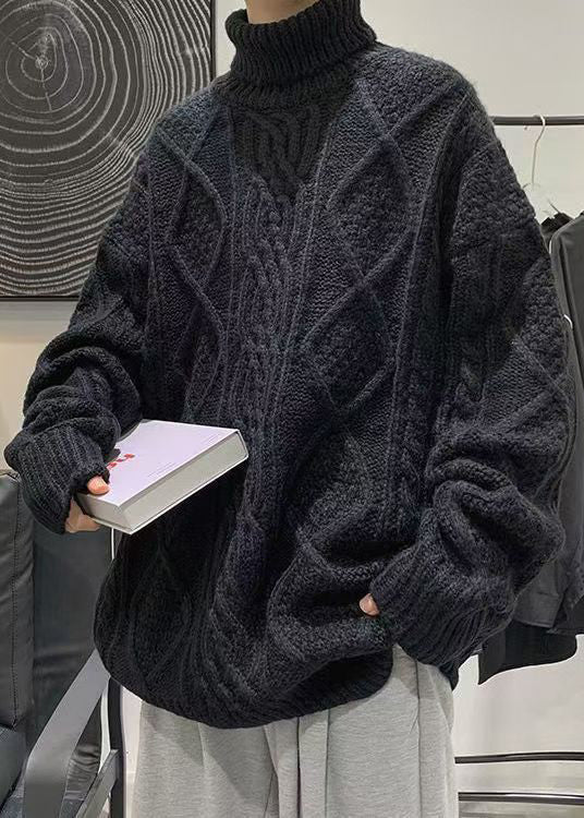 Black Thick Cable Knit Sweaters Turtleneck Winter