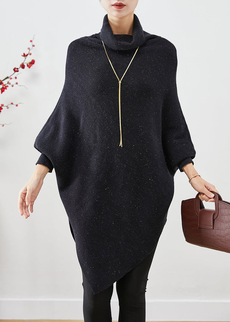 Black Thick Knit Sweater Turtle Neck Asymmetrical Design Batwing Sleeve