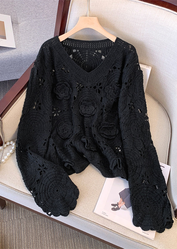 Black Three-dimensional Knit Pullover Hollow Out Fall