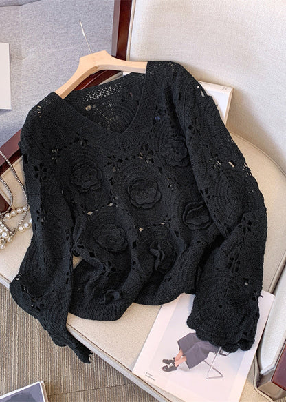Black Three-dimensional Knit Pullover Hollow Out Fall
