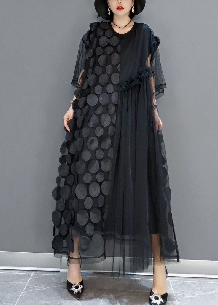 Black Tulle Party Dresses O-neck Asymmetrical Half Sleeve