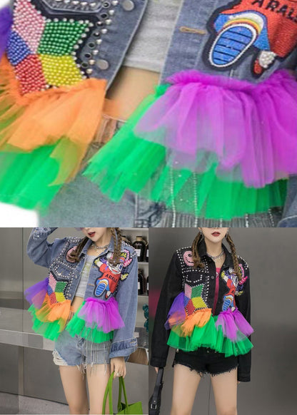 Black Tulle Patchwork Button Denim Outwear Fall