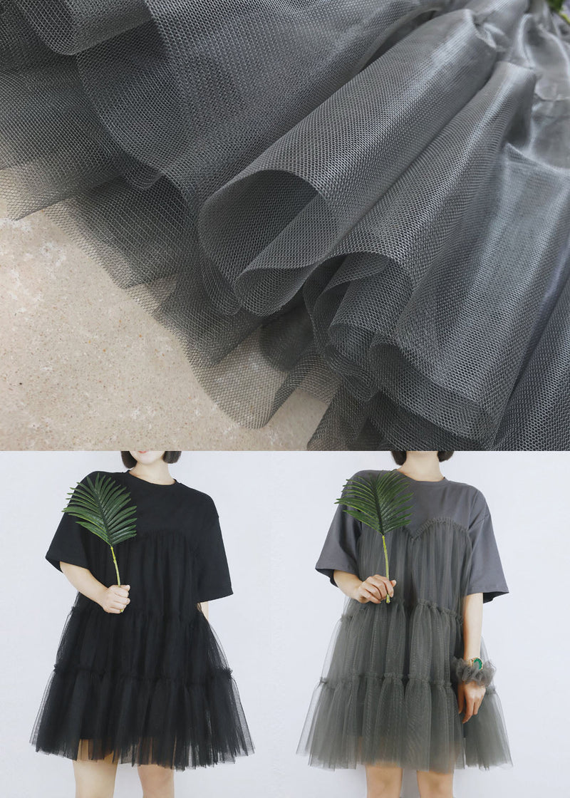 Black Tulle Patchwork Cotton a Line Dress O-neck Short Sleeve
