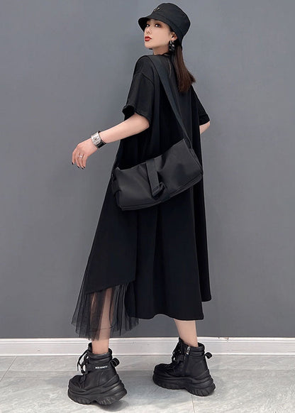 Black Tulle Patchwork Cotton Pullover Dresses Zip Up Short Sleeve