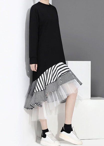 Black Tulle Patchwork Holiday Dress O-neck Ruffles Asymmetrical Spring