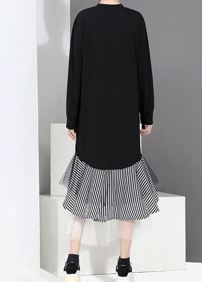 Black Tulle Patchwork Holiday Dress O-neck Ruffles Asymmetrical Spring