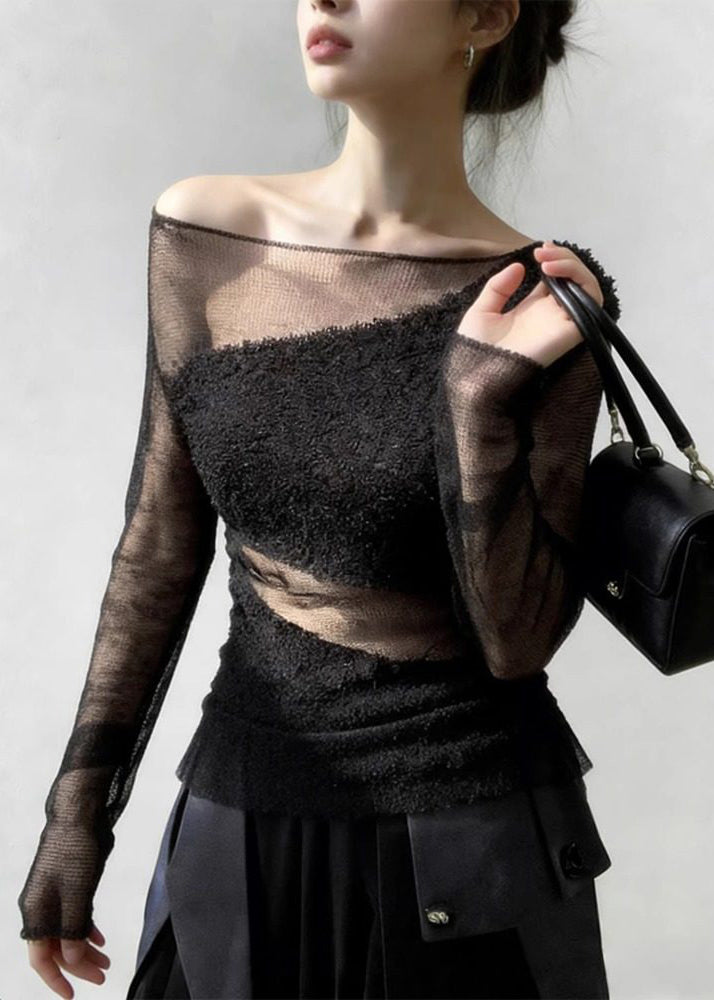Black Tulle Patchwork Knit Sweater Cold Shoulder