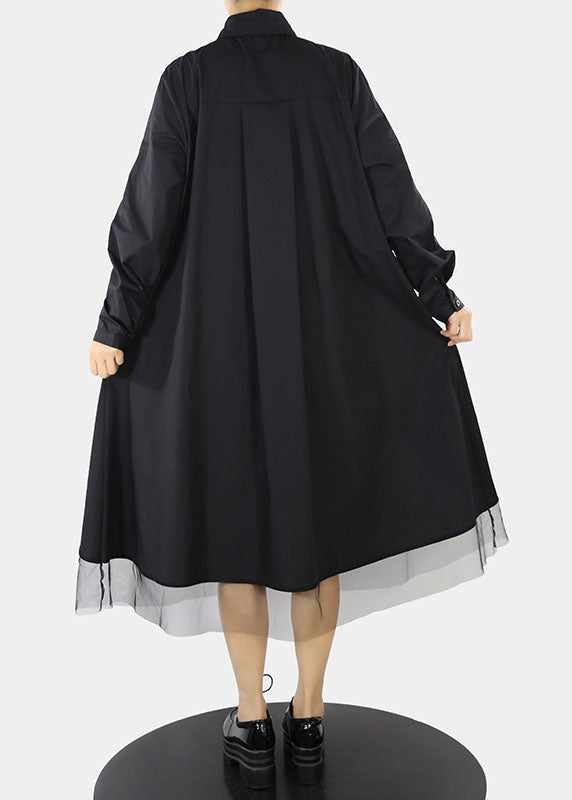 Black Tulle Patchwork Shirt Dresses Button Asymmetrical Design Peter Pan Collar Spring