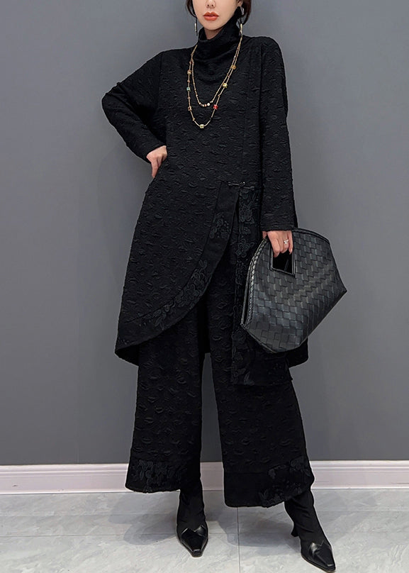 Black Turtleneck Asymmetrical Patchwork Top and Pants Two Pieces Set Fall
