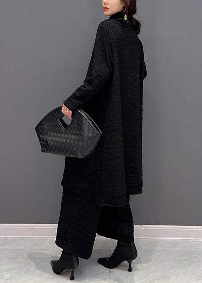 Black Turtleneck Asymmetrical Patchwork Top and Pants Two Pieces Set Fall