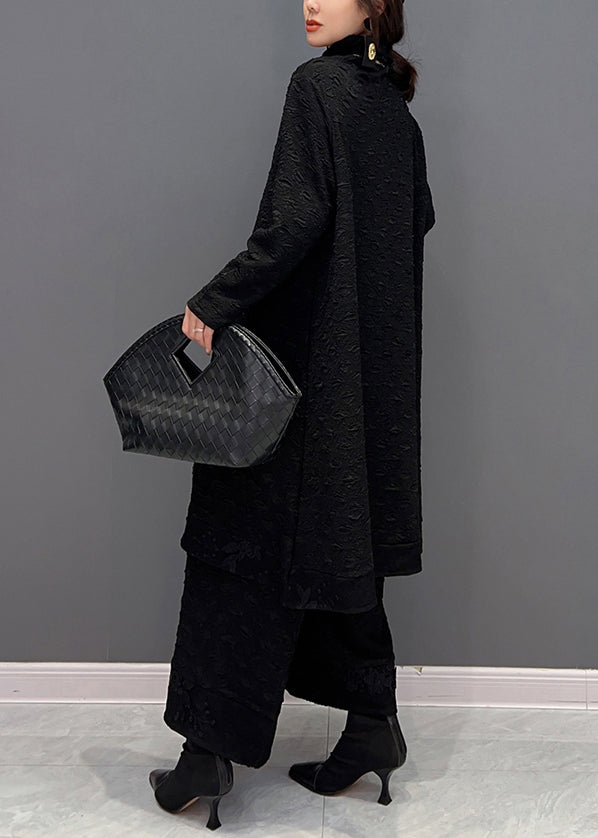 Black Turtleneck Asymmetrical Patchwork Top and Pants Two Pieces Set Fall