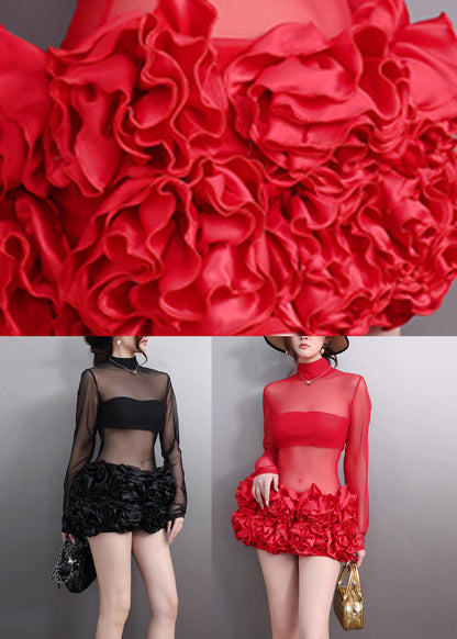Black Turtleneck Tulle Mid Dress Long Sleeve