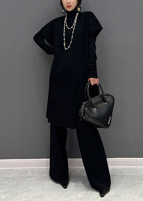 Black Turtleneck Knit Waistcoat and Pants Two Piece Set Winter