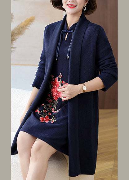 Black V Neck Button Woolen Cardigans and Mid Dress Two Pieces Set