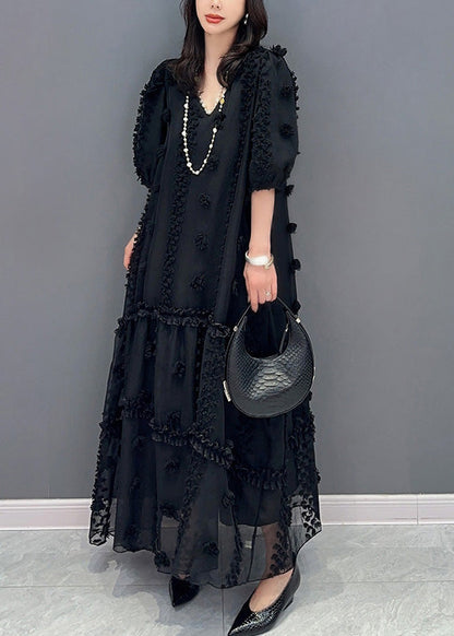 Black V Neck Tulle Maxi Dresses Short Sleeve