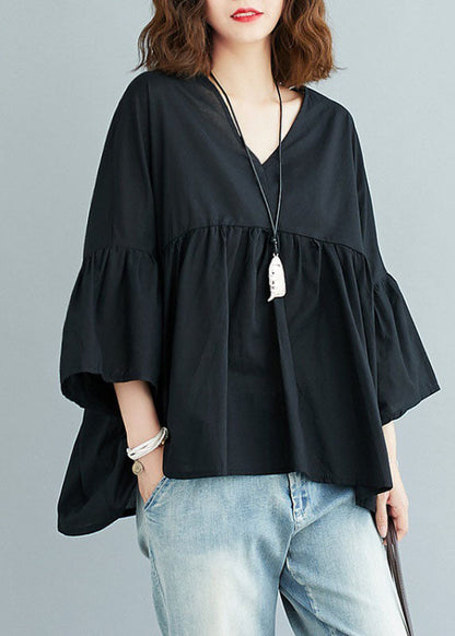 Blue V Neck Patchwork Asymmetrical Design Fall Top Three Quarter Sleeve