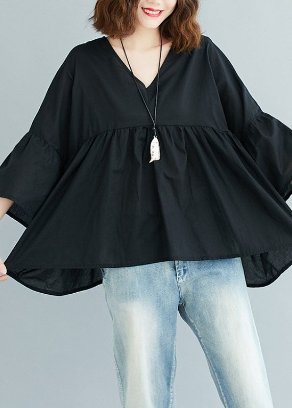Black V Neck Patchwork Asymmetrical Design Fall Top Three Quarter Sleeve