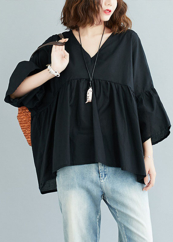 Black V Neck Patchwork Asymmetrical Design Fall Top Three Quarter Sleeve