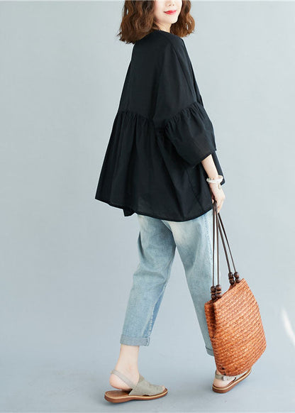 Blue V Neck Patchwork Asymmetrical Design Fall Top Three Quarter Sleeve