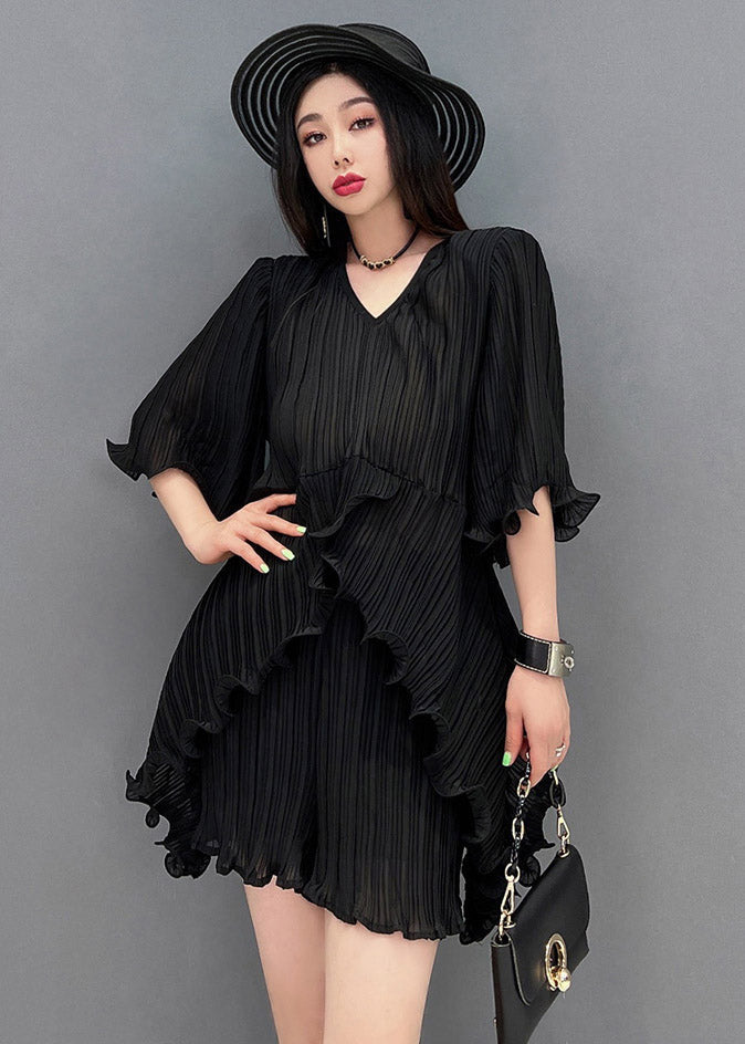 Black V Neck Ruffles Silk Top and Shorts Two Pieces Set Summer
