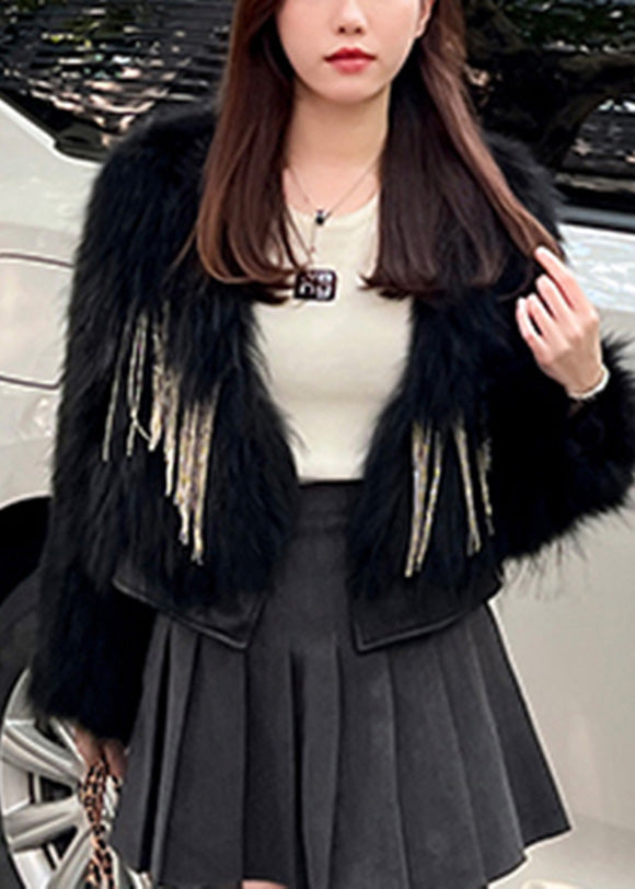 Black V Neck Patchwork Faux Leather and Faux Fur Coats Winter
