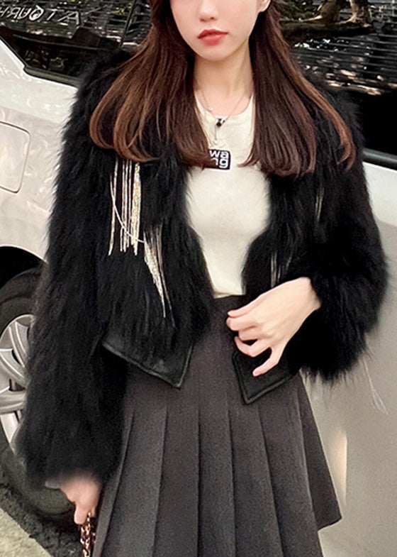 Black V Neck Patchwork Faux Leather and Faux Fur Coats Winter