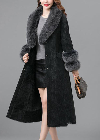 Black Warm Faux Rabbit Leather and Fur Coats Fox Collar Tie Waist Winter