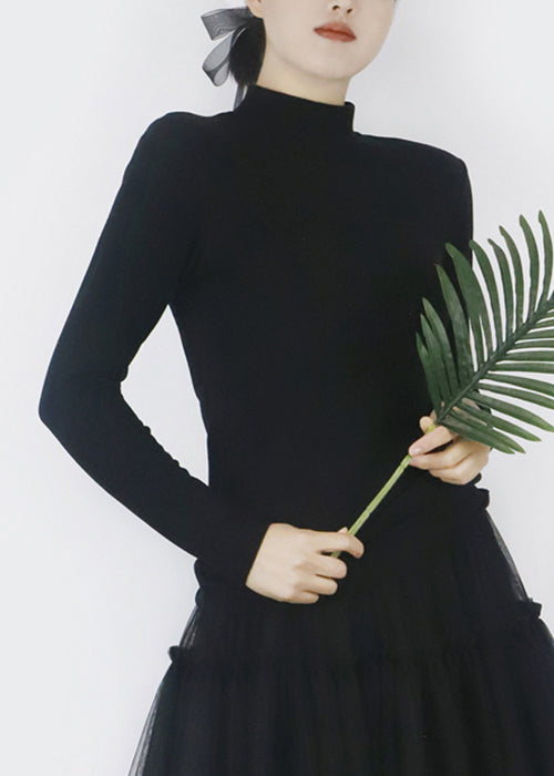 Black Warm Solid Winter T Shirts Turtleneck