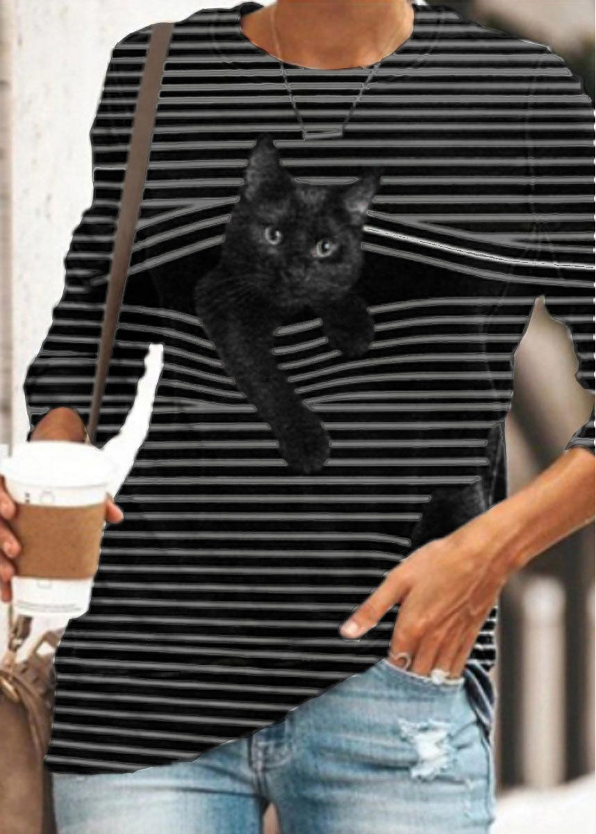 Black Whiet Striped Cat Print O-neck Long Sleeve Plus Size Casual T-shirts