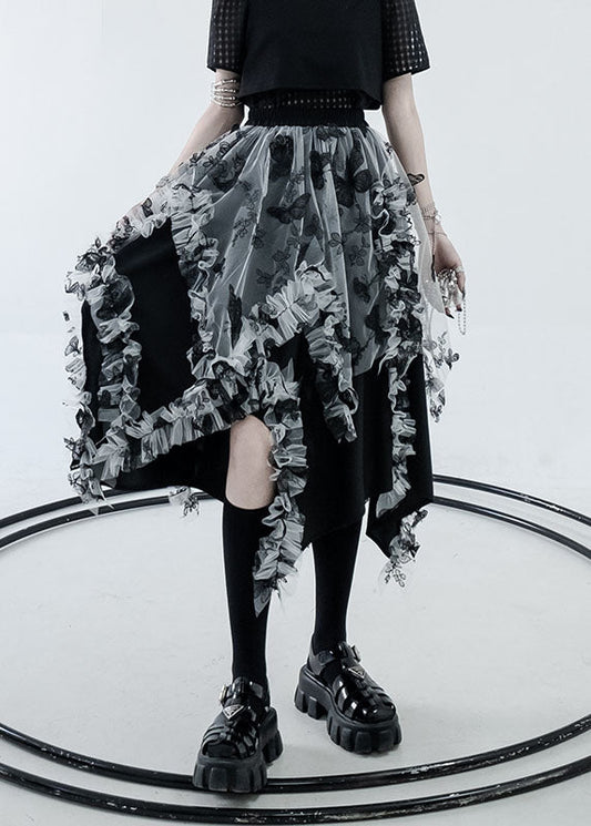 Black White Patchwork Tulle a Line Skirts High Waist Layered Design Summer