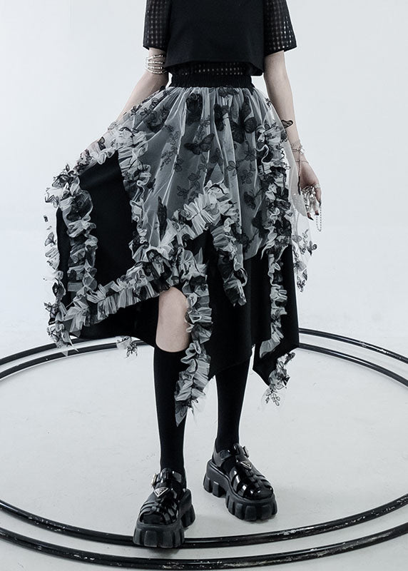 Black White Patchwork Tulle a Line Skirts High Waist Layered Design Summer