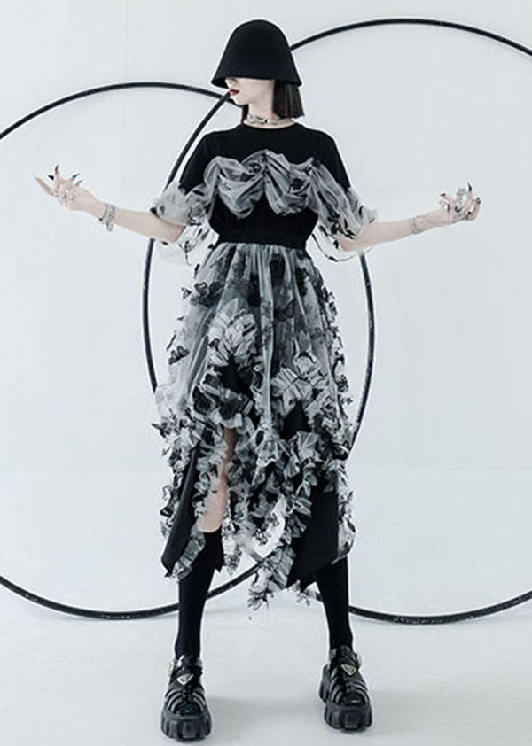 Black White Patchwork Tulle a Line Skirts High Waist Layered Design Summer