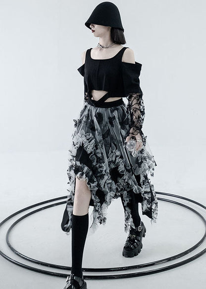 Black White Patchwork Tulle a Line Skirts High Waist Layered Design Summer