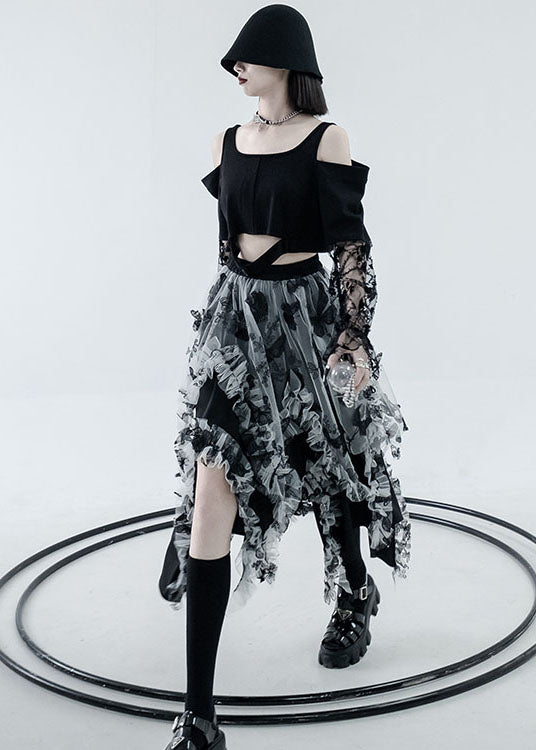 Black White Patchwork Tulle a Line Skirts High Waist Layered Design Summer