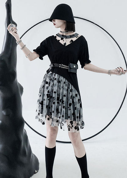 Black White Tulle Patchwork Cotton Dresses Print Short Sleeve