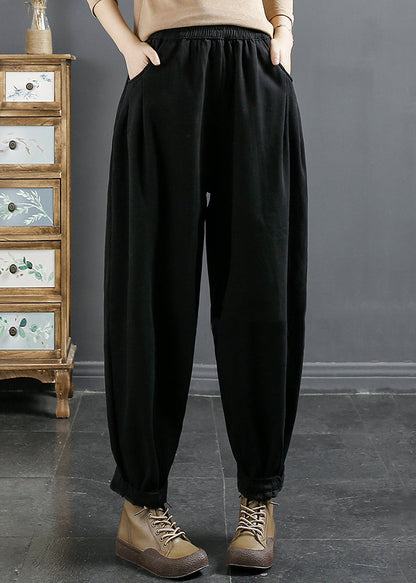 Black Wrinkled Patchwork Fleece Harem Pants High Waist