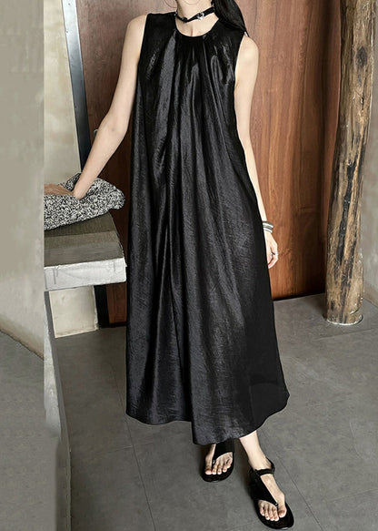Black Wrinkled Silk Long Dress O Neck Summer