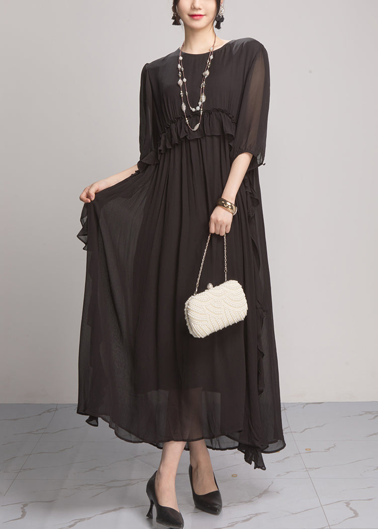 Black Wrinkled Chiffon Long Dresses O Neck Summer