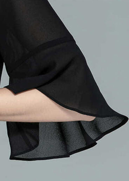 Black Wrinkled Chiffon Shirts V Neck Half Sleeve