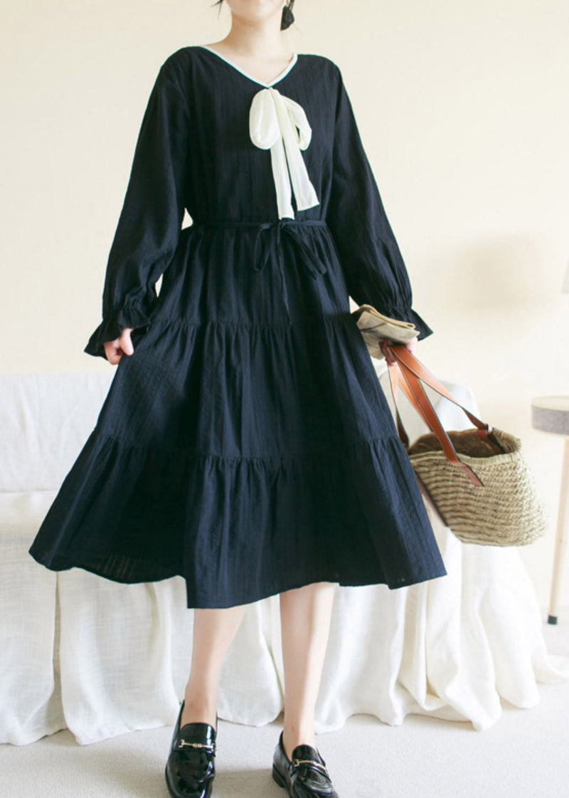 Black Wrinkled Cotton Long Dress Long Sleeve