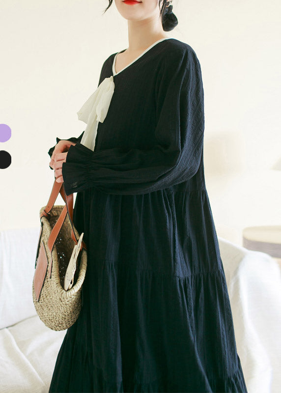 Black Wrinkled Cotton Long Dress Long Sleeve