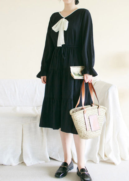 Black Wrinkled Cotton Long Dress Long Sleeve